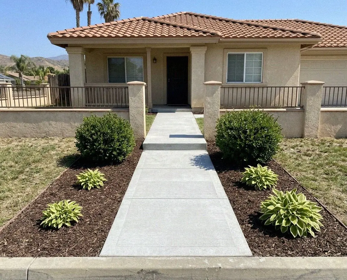 Newly poured concrete sidewalk outside a ranch home in West Covina