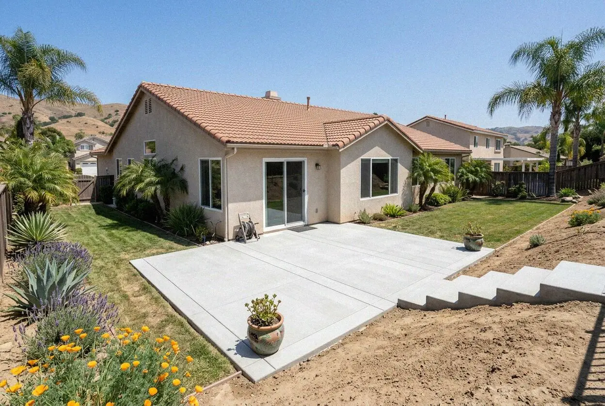 Concrete patio behind a hillside home in the San Jose Hills, West Covina