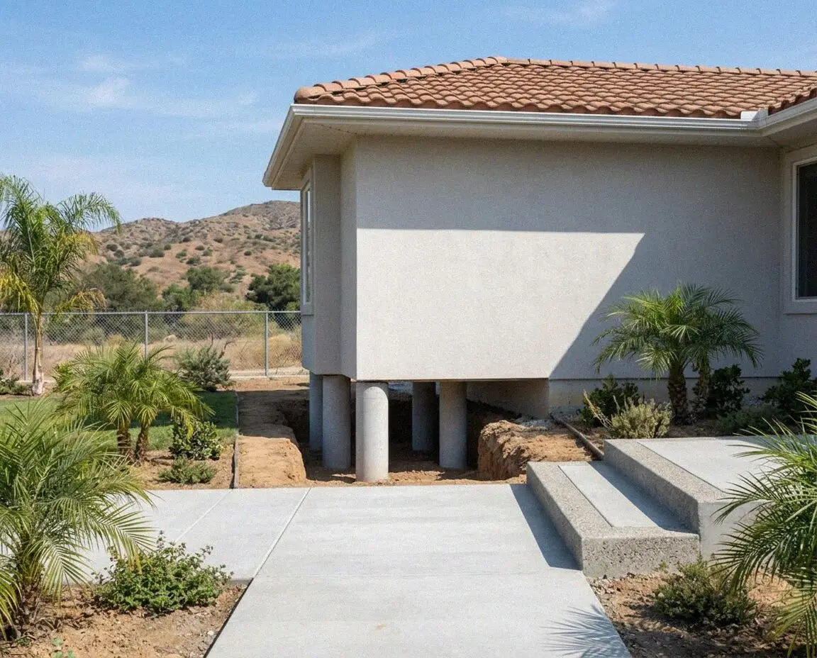 Hydraulic jacks raising a concrete footing at a West Covina ranch home.